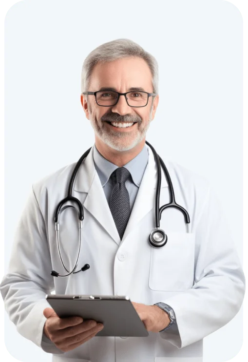 Doctor in a white coat with a stethoscope holding a clipboard
