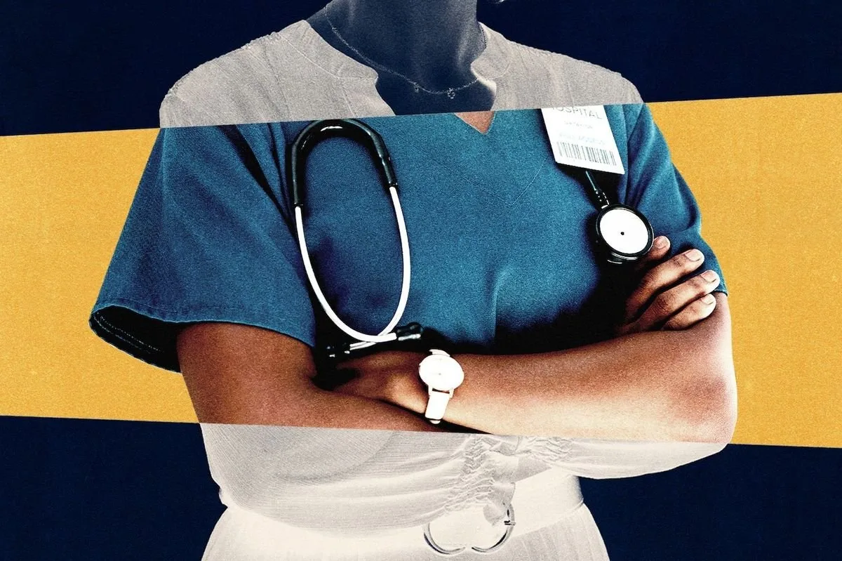 Healthcare worker in scrubs with a stethoscope around the neck
