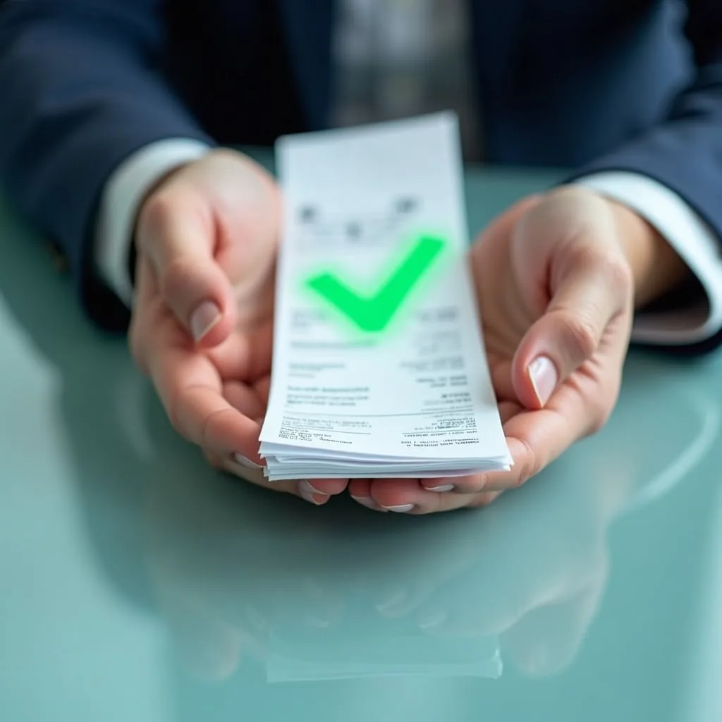 Hands holding a phone that shows an approval check mark