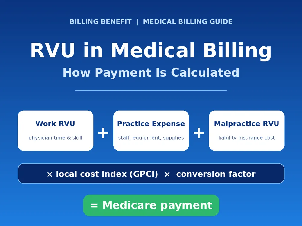 Diagram: work, practice expense and malpractice RVUs times a local cost index and conversion factor equal Medicare payment